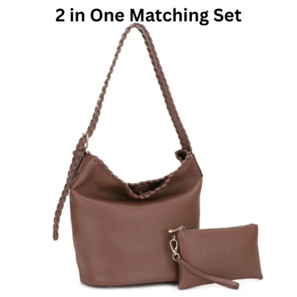 2-IN-1 Large Braided Handle Strap Hobo with Matching Pouch Set